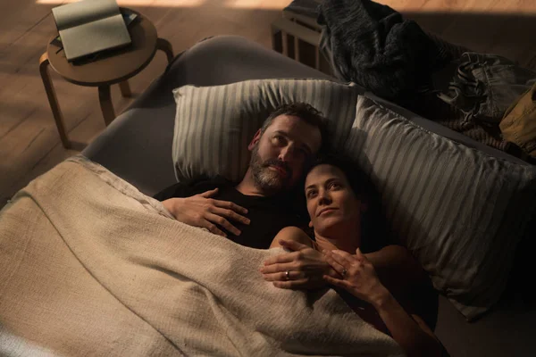 Mid Adult Couple Lying Bed Night Hugging Partnership Intimacy Concept — Fotografia de Stock