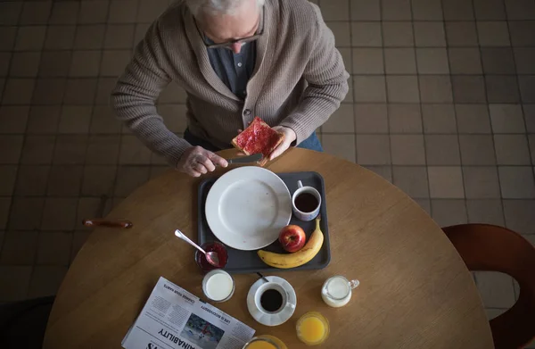 Top View Senior Man Having Breakfast Nursing Home Care Center — Foto Stock