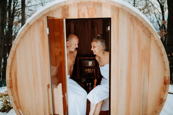 Kıdemli Çift Saunada Eğleniyor Rahatlıyor Spa Sağlıklı Yaşam Konsepti — Stok fotoğraf
