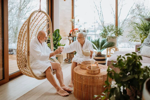 Casal Sênior Roupões Banho Desfrutando Tempo Juntos Sua Sala Estar — Fotografia de Stock