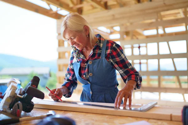 Mulher Sênior Trabalhando Dentro Sua Casa Ecológica Inacabada Renovável Baixa — Fotografia de Stock