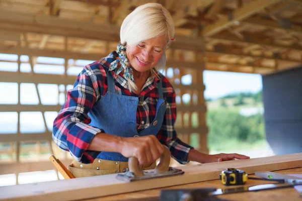 Seniorin Arbeitet Ihrem Unvollendeten Ökologischen Öko Haus Aus Holz Mit — Stockfoto
