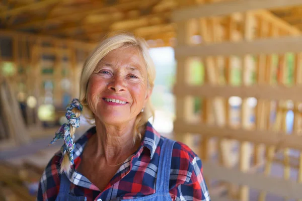 Portret Szczęśliwej Starszej Kobiety Pracującej Jej Niedokończonym Ekologicznym Drewnianym Eko — Zdjęcie stockowe