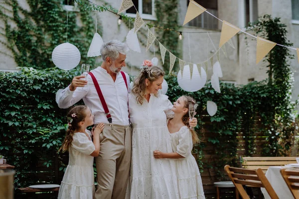 Mature Bride Groom Receiving Congratulations Wedding Reception Backyard — Stock Photo, Image