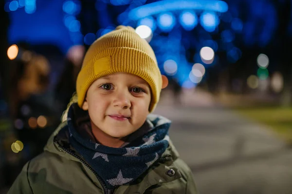 Portrait Little Boy Winter Clothes Outdoor Christmas City Market — Stock Photo, Image