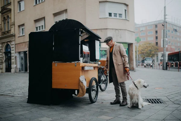 Элегантный Пожилой Человек Выгуливает Свою Собаку Покупает Кофе Улице Городе — стоковое фото