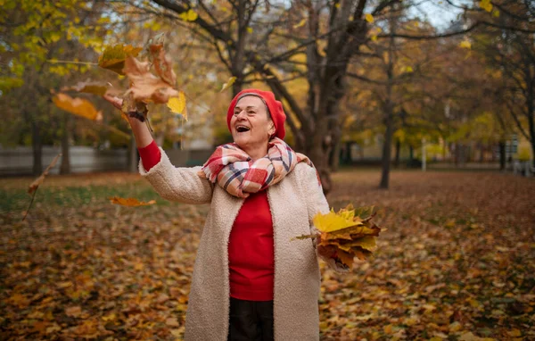 Mulher Sênior Feliz Jogando Folhas Coloridas Desfrutando Dias Outono — Fotografia de Stock