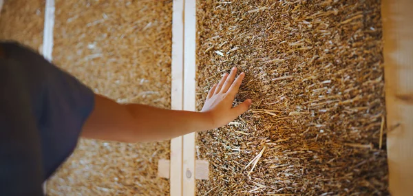 Close Girl Hand Touching Straw Wooden Eco House Framing Concept — Stock Photo, Image