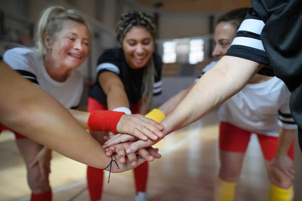 A group of young and old women in gym stacking hands together, sport team players.