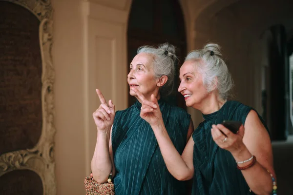 Senior Ženy Dvojčata Procházky Městě Obdivovat Architekturu — Stock fotografie