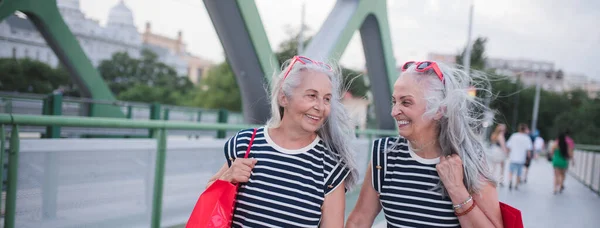 Glada Äldre Tvillingar Samma Kläder Promenader Stad Återvänder Från Shopping — Stockfoto