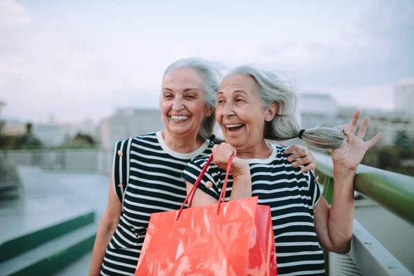 Happy Senior Tweeling Dezelfde Kleren Wandelen Een Stad Terug Van — Stockfoto