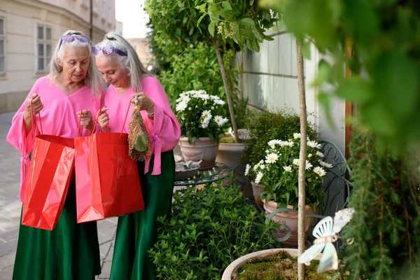 Senior Kvinnor Tvillingar Färgglada Kläder Staden Shopping — Stockfoto