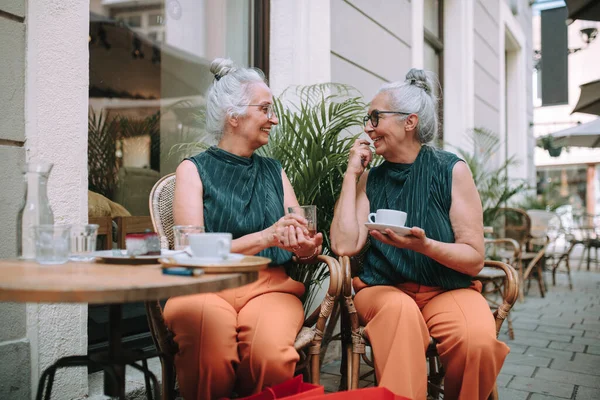 Ευτυχισμένες Ηλικιωμένες Δίδυμες Που Κάνουν Διάλειμμα Για Καφέ Στην Πόλη — Φωτογραφία Αρχείου
