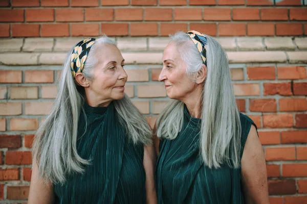 Retrato Mujeres Mayores Gemelas Misma Ropa Pie Espalda Con Espalda —  Fotos de Stock