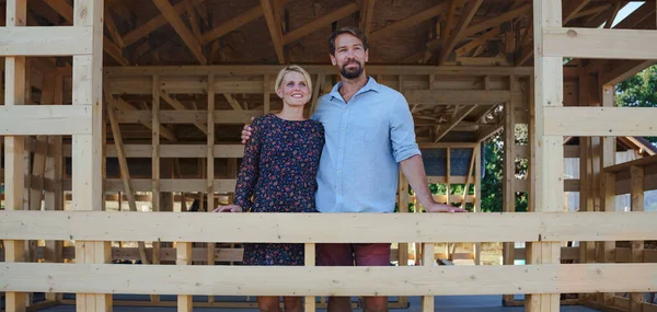 Young Couple Site Construction Framing Dreaming Her New Home — Photo