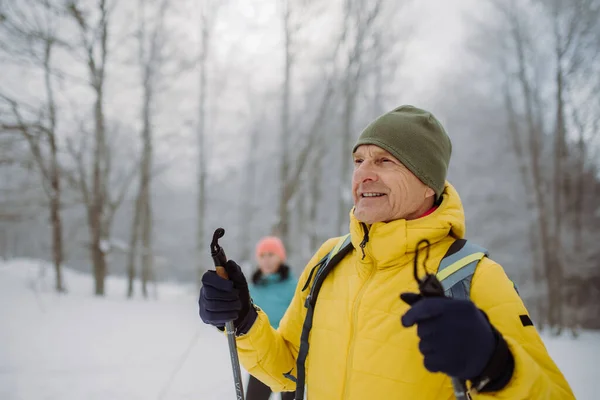 Kıdemli Adam Karısıyla Kayak Yaparken Doğaya Hayran Kalıyor — Stok fotoğraf