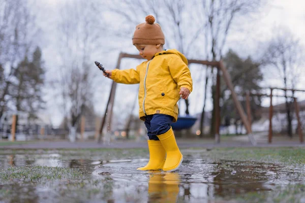 Niño Feliz Impermeable Amarillo Saltando Charco Jugando Con Cono Conífera —  Fotos de Stock