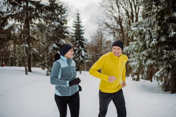 冬の自然の中で一緒にジョギングシニアカップル — ストック写真