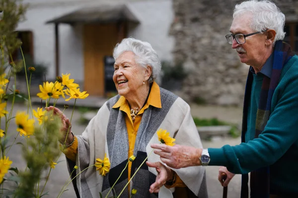 Feliz Pareja Ancianos Paseo Otoño Ciudad Posando Con Las Flores —  Fotos de Stock