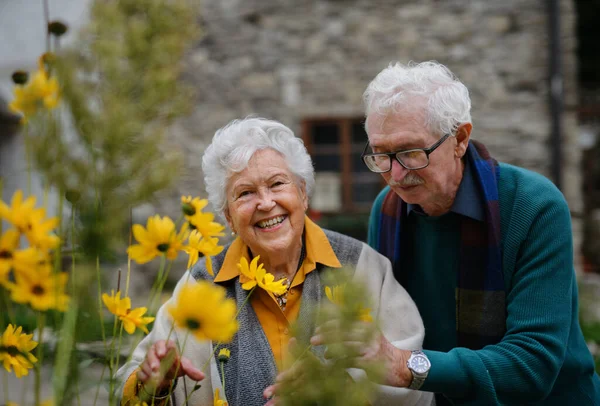 Glückliches Seniorenpaar Beim Herbstlichen Stadtspaziergang Posiert Mit Den Blumen — Stockfoto