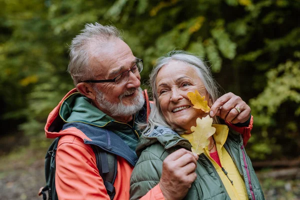 Coppia Anziani Innamorati Che Abbracciano Nella Foresta Autunnale — Foto Stock