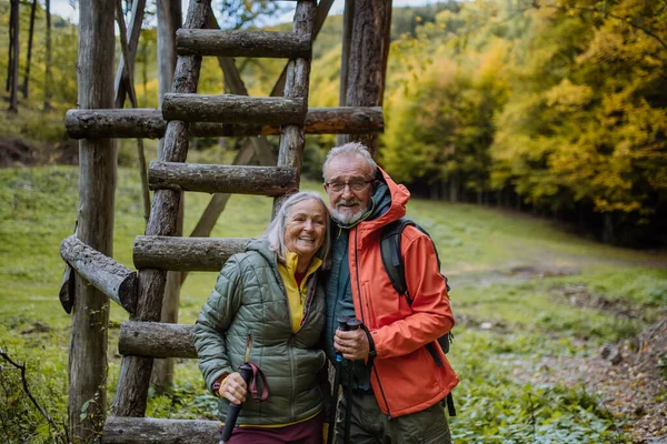 Felice Coppia Anziana Piedi Nella Foresta Autunnale Vicino Caccia Alto — Foto Stock