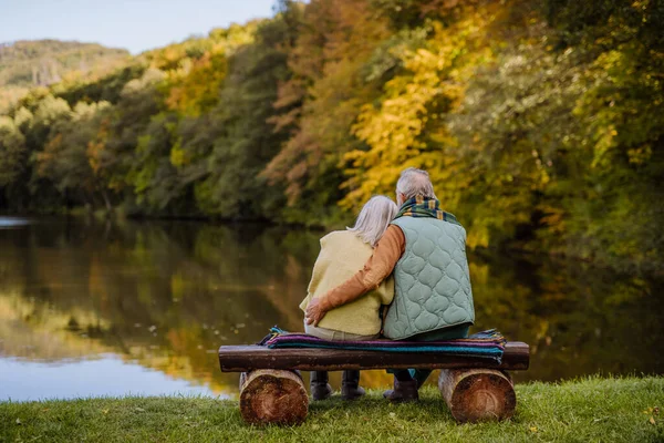 Senior Couple Love Sitting Together Bench Looking Lake Autumn Day — Stock Photo, Image