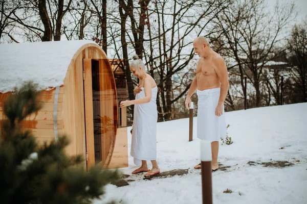 Soğuk Bir Kış Günü Kocasıyla Birlikte Saunadan Çıkan Yaşlı Bir — Stok fotoğraf