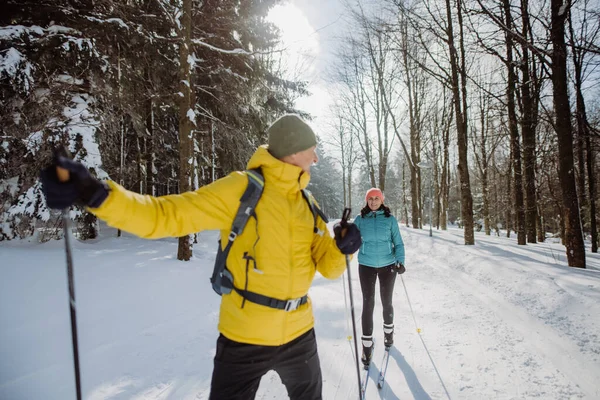 Senioren Paar Beim Gemeinsamen Skifahren Mitten Verschneiten Wald — Stockfoto