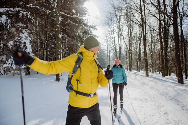 Coppia Anziani Sciare Insieme Nel Mezzo Della Foresta Innevata — Foto Stock