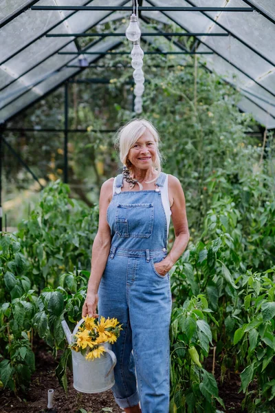 Seniorka Pózuje Konvicí Květinami Skleníku Zahradničení Konceptu Udržitelného Životního Stylu — Stock fotografie