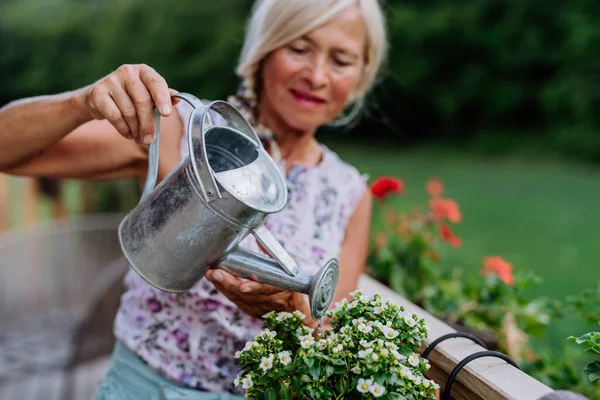 Seniorin Gießt Blumen Auf Terrasse Und Genießt Aussicht Auf Wald — Stockfoto