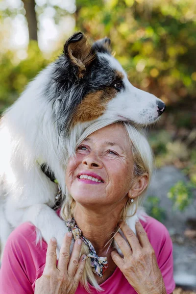 Портрет Пожилой Женщины Собакой Лесу — стоковое фото