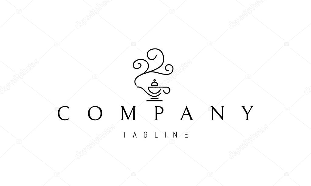 Vector logo design on which an abstract image of a magic lamp with a genie.