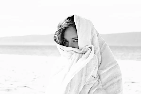 Beautiful girl in a white scarf — Stock Photo, Image