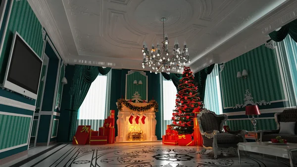 Holiday room with a Christmas tree — Stock Photo, Image