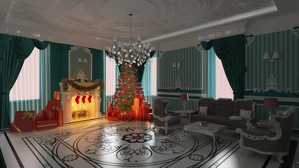 Holiday rum med en julgran — Stockfoto