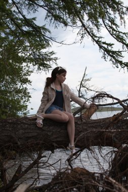 güzel bir kız bir ağaçta oturuyor