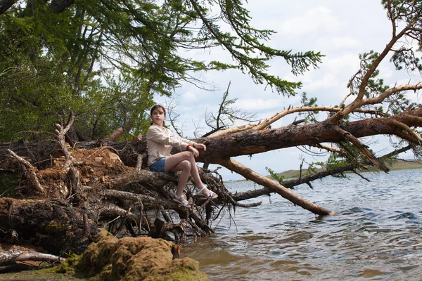 Belle fille assise sur un arbre — Photo