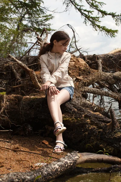 Gyönyörű lány ül egy fa — Stock Fotó