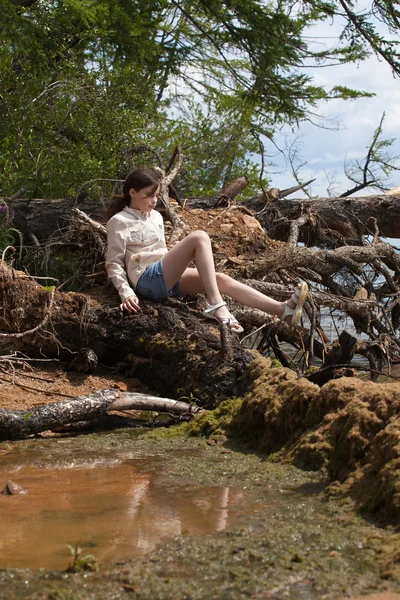 Beautiful girl sitting on a tree — Stock Photo, Image