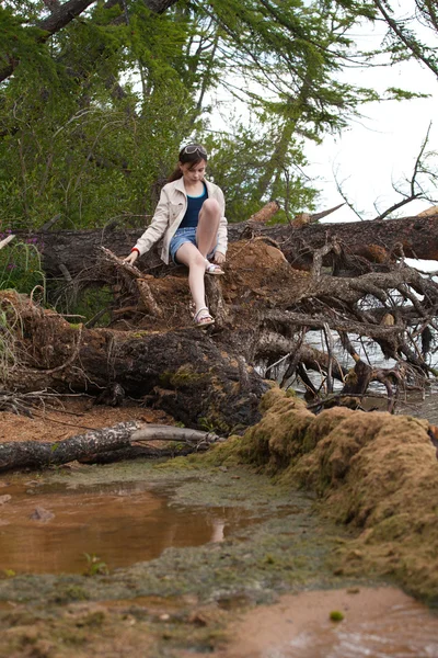 Beautiful girl sitting on a tree — Stock Photo, Image