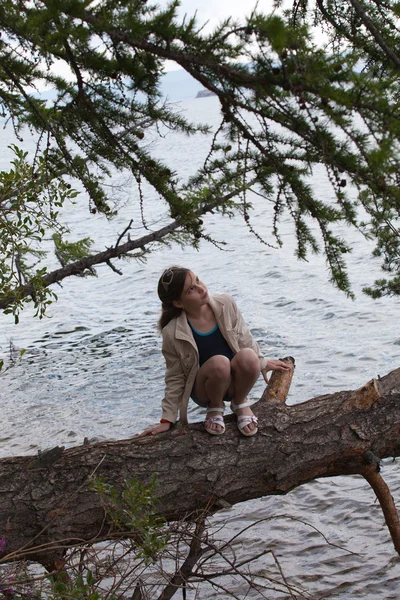 Beautiful girl sitting on a tree — Stock Photo, Image