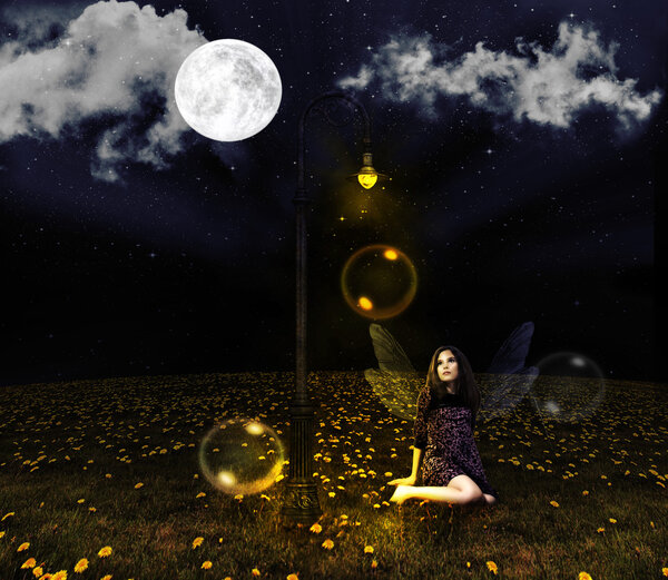 Girl fairy sitting on a field of dandelions in the light of the lantern