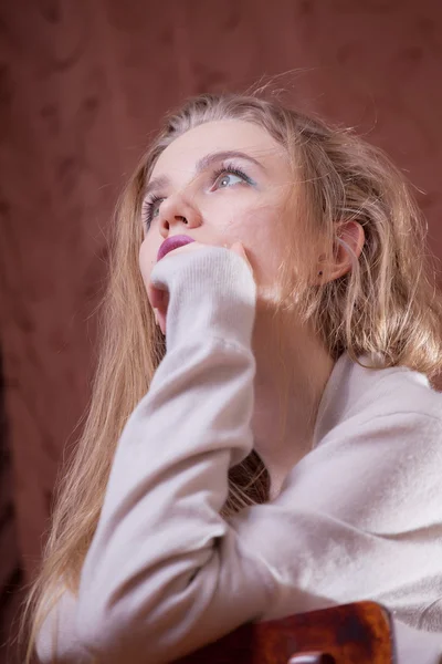 Beauty shy girl in wool cardigan — Stock Photo, Image