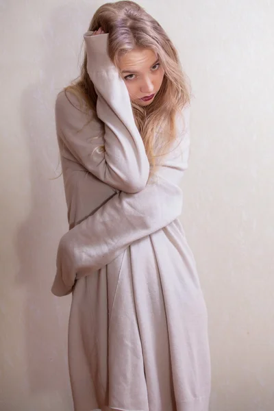 Beauty shy girl in wool cardigan — Stock Photo, Image
