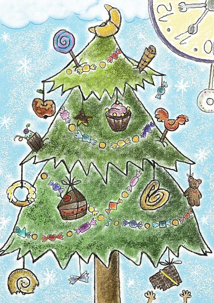Ilustrace vánočního stromu s různými hračkami — Stock fotografie