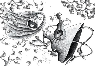 Kız teetering, şarkı ve gitar çalmak