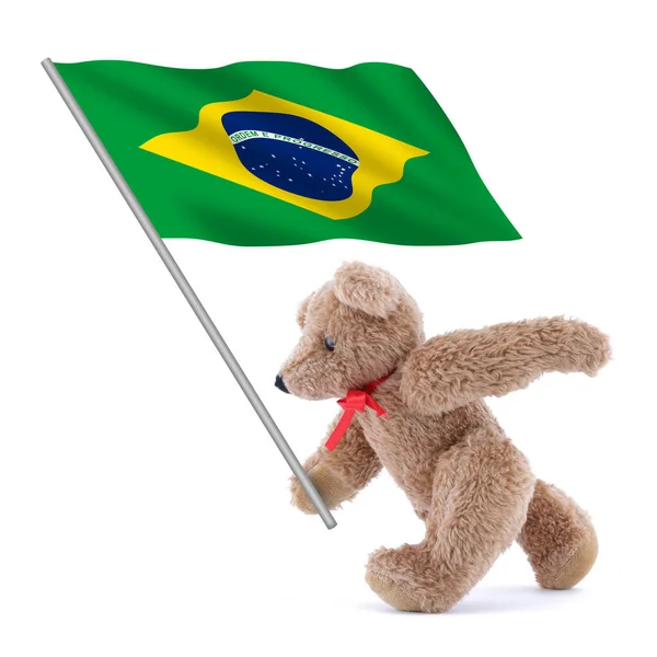 Bandeira do Brasil sendo carregada por um urso de pelúcia bonito — Fotografia de Stock